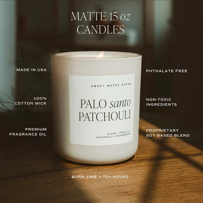 Palo Santo Patchouli 15 oz Soy Candle, Matte Jar- Home Decor